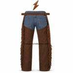 NEW GENUINE LEATHER Cowboy Chaps rear view with blue denim pockets, brown straps and side fringe