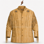 NEW GENUINE LEATHER cowboy leather jacket with shaped pocket, brown fringe, and precise stitching