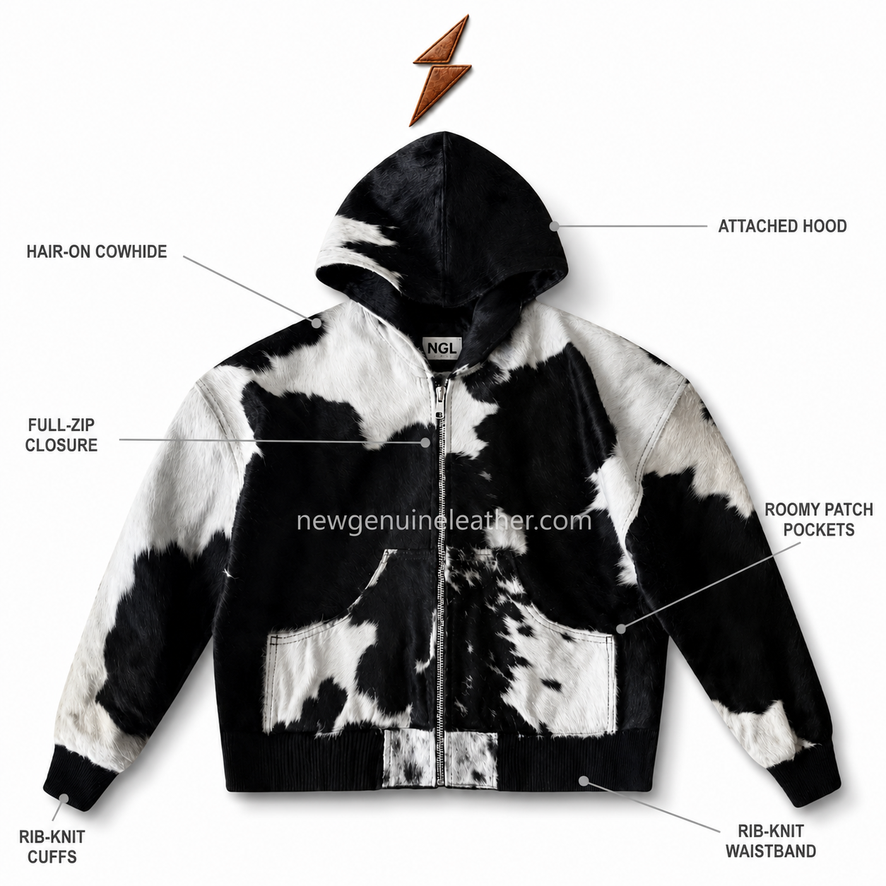 new-genuine-leather-cowhide-hooded-jacket-back Men’s Cowhide Hooded Jacket NEW GENUINE LEATHER cowhide hooded jacket rear view with black-and-white panels, center seams, ribbed cuffs, and waistband