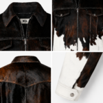 NEW GENUINE LEATHER cowhide jacket rear view with multicolor hide panels, pointed yoke, center seam and white cuffs