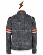 New Genuine Leather distressed leather jacket back view with charcoal panels and rust and tan sleeve stripes