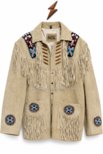 New Genuine Leather Embroidered Western jacket with NGL branding, cream fringe, stitched pocket panel and colorful circular medallion