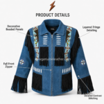 NGL Fringe Jacket close-up showing multicolor beaded chest panels, blue suede texture and black fringe