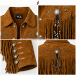 New Genuine Leather Fringe Jacket close-ups of NGL collar label, suede stitching, conchos, beads and fringe