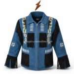 NGL blue Fringe Jacket front view with black tassels, beaded chest panels and centered zipper