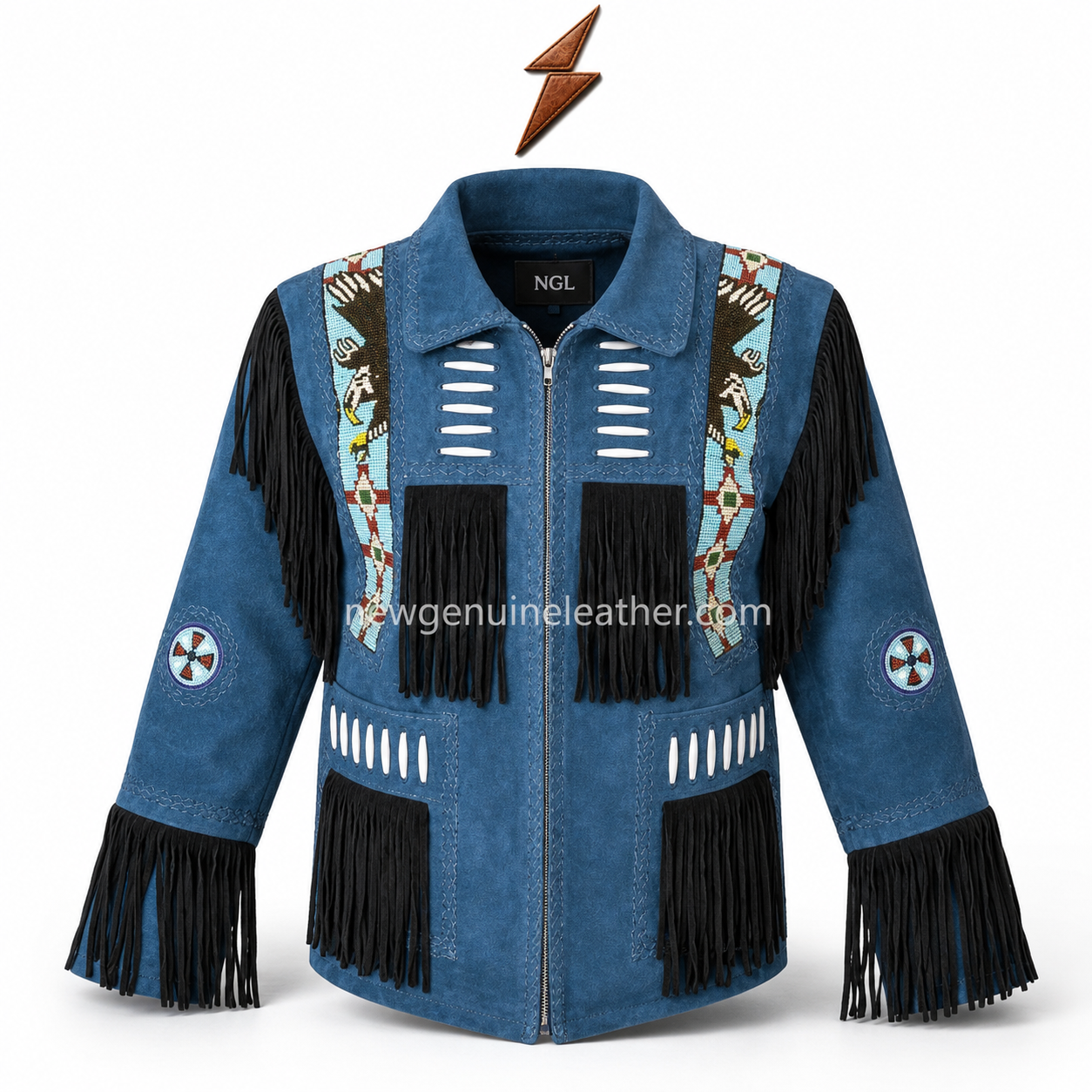 new-genuine-leather-fringe-jacket-sleeve NGL blue Fringe Jacket front view with black tassels, beaded chest panels and centered zipper