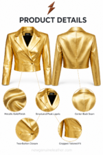 NEW GENUINE LEATHER Women’s Gold Leather Jacket back view with center seam and cropped hem
