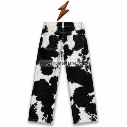 NEW GENUINE LEATHER Hair-on cowhide pants rear view with twin patch pockets, black and white panels, and V-shaped yoke