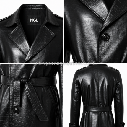 NGL long black coat front view with crocodile panel design, black buttons and waist belt