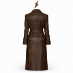 NEW GENUINE LEATHER Long Leather Coat rear view with waist belt and center stitching