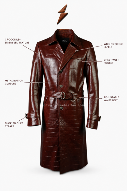 NGL Men’s Leather Coat collar close-up with wide burgundy lapels, realistic label, and tonal stitching