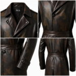 NGL Men’s Leather Trench Coat collar close-up with asymmetric lapels, metal snaps, stitching, and NGL label