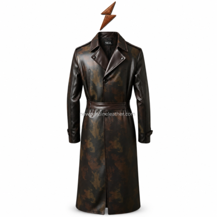 NGL Men’s Leather Trench Coat front view in distressed dark-brown leather with asymmetric lapels and snap buttons