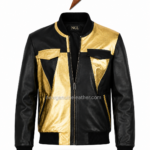 New Genuine Leather Metallic Biker Jackets back view with black and gold geometric panels and ribbed waistband