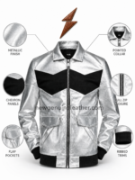 New Genuine Leather metallic bomber jacket back view with a silver body and black chevron shoulder panel