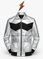 New Genuine Leather metallic bomber jacket with NGL collar label, black zipper and silver flap pockets