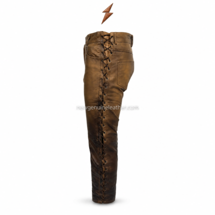 NGL Men’s leather motorcycle pants in two-tone brown with front pockets, knee panels, and side lacing