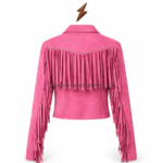 NEW GENUINE LEATHER Pink Fringe Jacket back view with curved eyelet yoke and long pink fringe