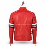 NGL red leather jacket with four black zip pockets and central front zipper
