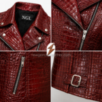 NGL Women’s Red Leather Biker Jacket front view with crocodile embossing and silver zippers