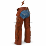 NEW GENUINE LEATHER Riding Chaps rear view with blue denim pockets, waist lacing and brown fringe