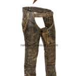 NEW GENUINE LEATHER leather chaps Wholesale detail with dark ribbed insert, brown leather grain and reinforced thigh seams