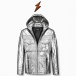NGL silver hooded jacket half-zip-open with black lining, collar label and metallic front panels