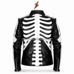 NGL Skeleton biker jacket back view with white spine, ribcage and shoulder-bone graphics