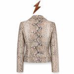NEW GENUINE LEATHER snakeskin biker jacket back view showing black scale markings, shaped panel seams, cropped waistband and snap adjusters.
