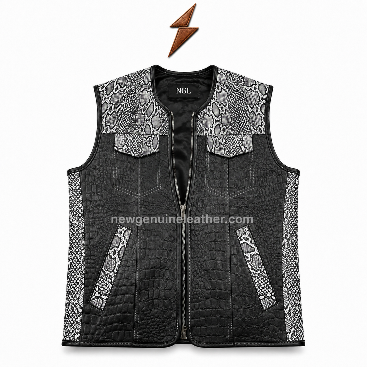 new-genuine-leather-snakeskin-biker-vest-back NEW GENUINE LEATHER Snakeskin leather biker vest back with white shoulder panels and black textured center