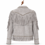 NEW GENUINE LEATHER light-grey suede fringe jacket back with studded V-shaped yoke, sleeve fringe, and fringed hem