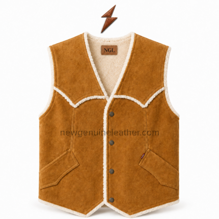 NGL suede shearling vest front view with tan embossed panels, cream trim, four buttons, and dual flap pockets