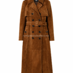 New Genuine Leather Suede Trench Coat collar with wide lapels, stitching and NGL label