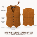 NGL trachten vest close-up showing the exact five-button closure, tan suede texture, decorative seams, and branded collar label.