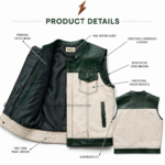 NGL Genuine Leather Vest open front view with cream body and dark green crocodile panels