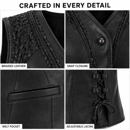 NGL women’s black leather vest front view with braided shoulders and four snap buttons