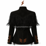 NEW GENUINE LEATHER women Suede Jacket back view with V-shaped yoke and long black fringe