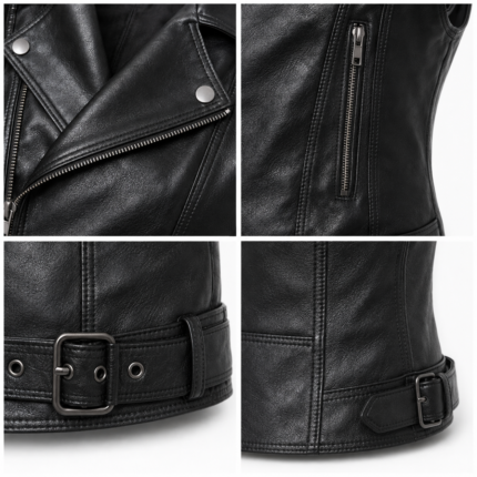 NGL Women’s Leather Vest in black with asymmetrical zipper, silver snaps and waist belt