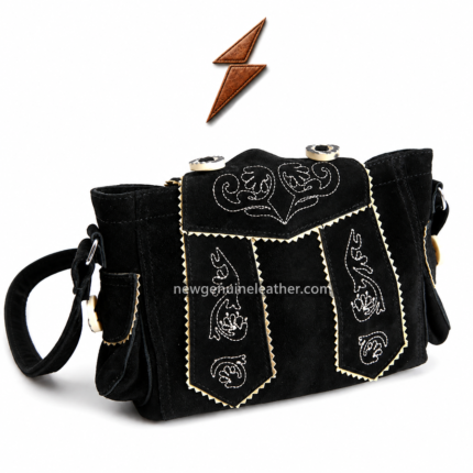NGL Bavarian bag featuring two side pockets with cream edging, pale buttons and decorative stitching