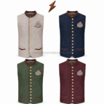 NGL Bavarian vest for men in textured beige fabric with brown piping and 12 horn-style buttons