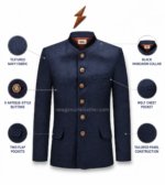 NGL Bavarian vest in navy blue with black collar and six antique-gold buttons