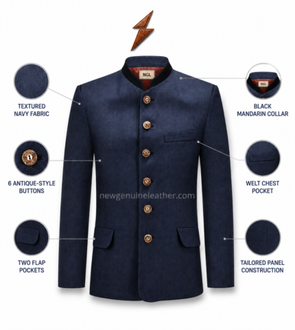 NGL Bavarian vest in navy blue with black collar and six antique-gold buttons