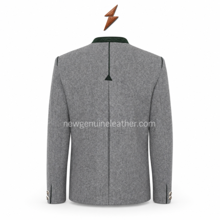 NGL Bayerische Trachtenjacke in heather grey with green stand collar and five brass buttons by NEW GENUINE LEATHER