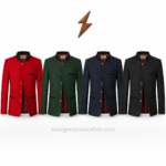 NGL Bayerische Weste showing antique-effect buttons, black piping and welt pocket construction by New Genuine Leather