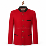 NGL Bayerische Weste in vivid red with black stand collar, patterned lining and antique buttons by New Genuine Leather