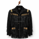 NGL Beaded Fringe Leather Jacket detail with black stitching, brown wooden beads, multicolor embroidery, braided trim, and tassels