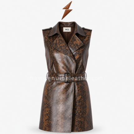 NGL Belted Leather Vest in brown snakeskin-print leather with wide lapels and dark buckle by NEW GENUINE LEATHER