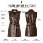 NGL Belted Leather Vest specification image with front and back views by NEW GENUINE LEATHER