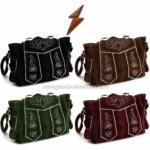 NGL Bavarian bag in black suede style material with white floral embroidery and cream zigzag trim