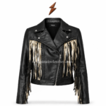 NGL Black Fringe Jacket front view with black and gold fringe by NEW GENUINE LEATHER